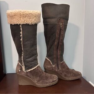 UGG Brown Sandra Leather and Shearling Wedge Knee-High Boots, Sz 9